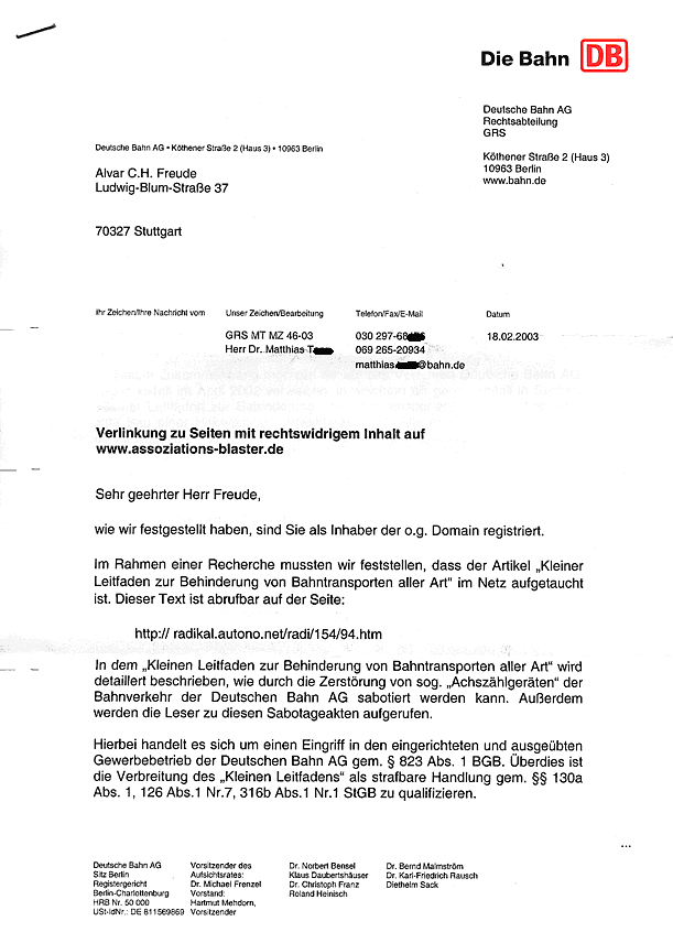 Bahn Blaster Abmahnung Der Deutschen Bahn Ag Zu Einem Angeblichen